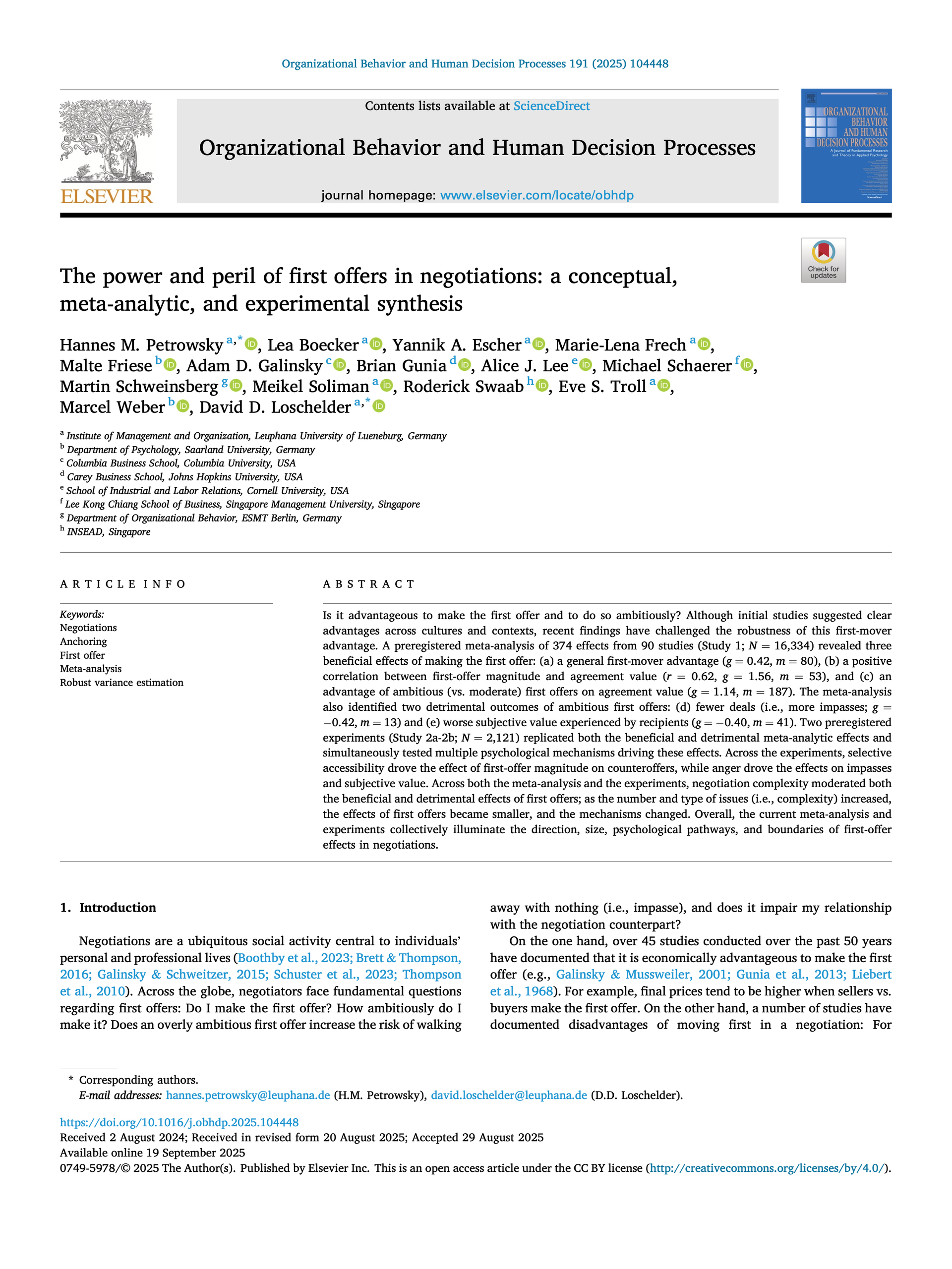 The power and peril of first offers in negotiations: A conceptual, meta-analytic, and experimental synthesis