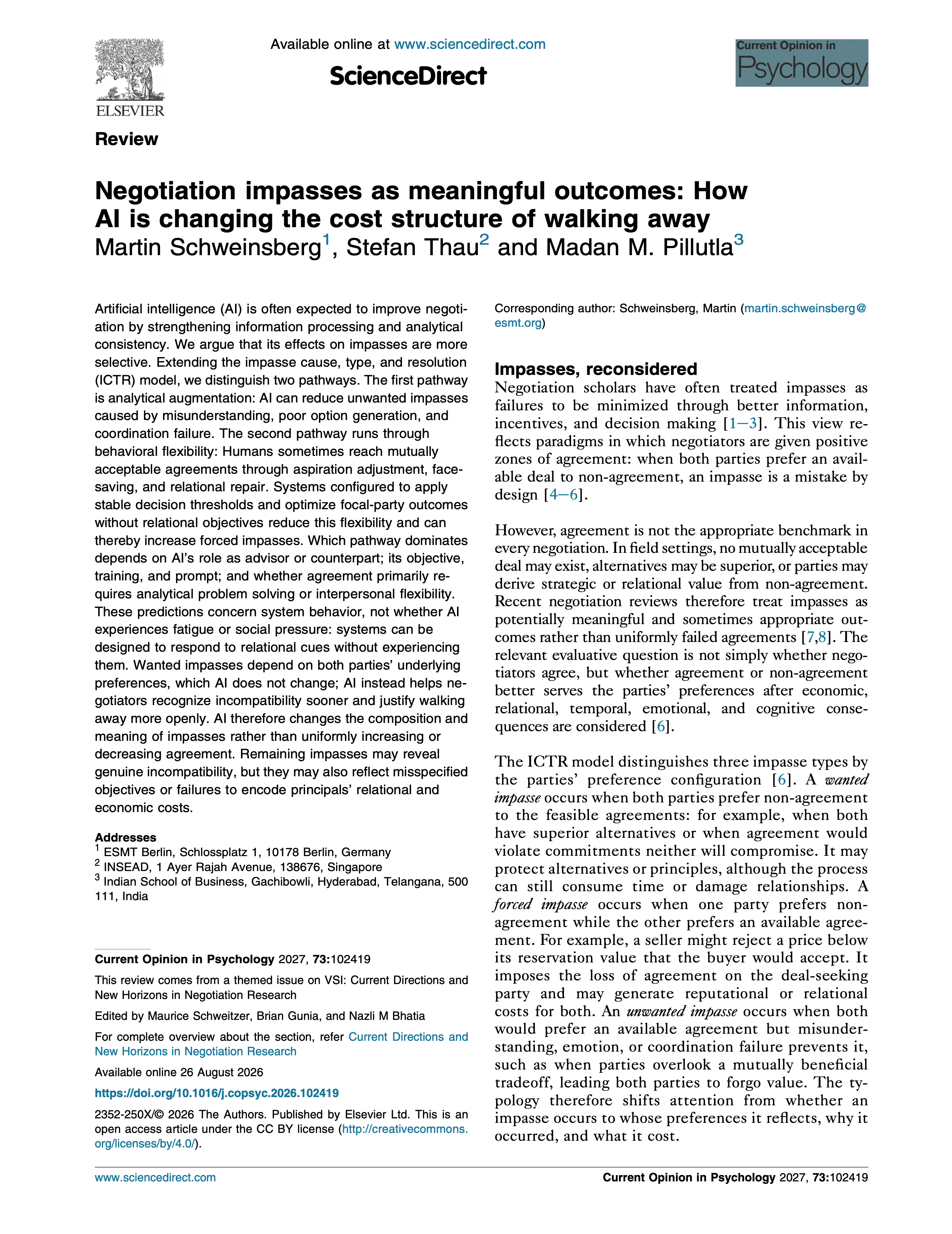 Page 1 of the paper Schweinsberg, M., Thau, S., & Pillutla, M. M. (2027). Negotiation impasses as meaningful outcomes: How AI is changing the cost structure of walking away. Current Opinion i