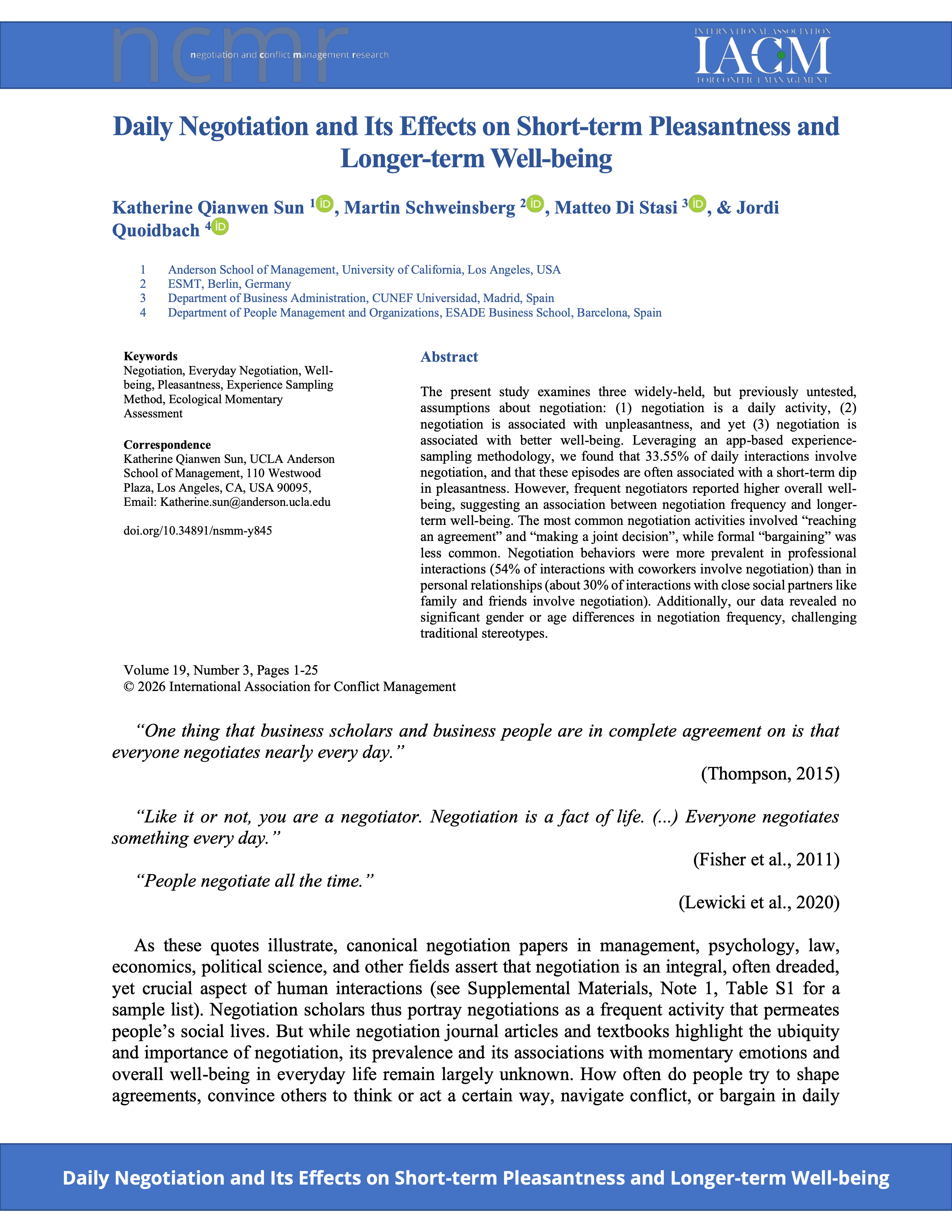 Daily Negotiation and Its Effects on Short-term Pleasantness and Longer-term Well-being